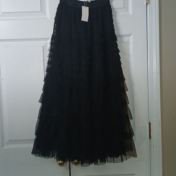 Saxcle black tulle layered pull on elastic waist midi skirt Sz S NWT - Picture 1 of 7